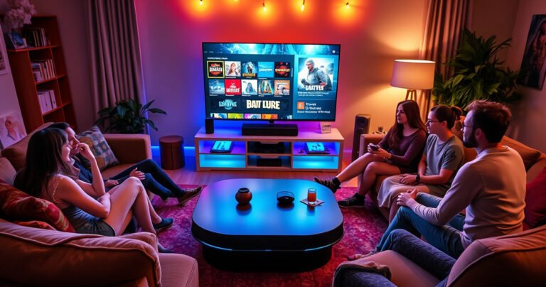 A vibrant living room scene featuring a Steam Deck connected to a large TV, showcasing a colorful game menu on screen. Cozy furniture surrounds the area, with a soft glow from ambient lights, while friends eagerly gather around, snacks and drinks nearby, ready for an exciting gaming session.