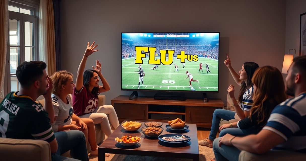 A cozy living room with a large flat-screen TV displaying the NFL Plus logo, surrounded by excited friends in team jerseys, snacks on the coffee table, and a football game on the screen, soft lighting creating a warm atmosphere, all reflecting the thrill of watching football together.