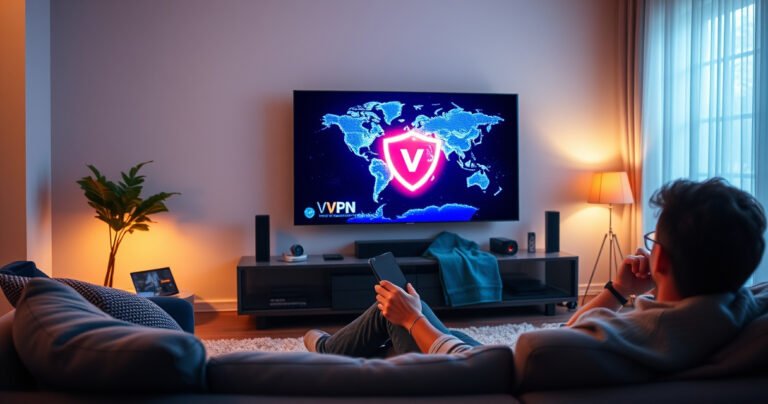 A cozy living room featuring a sleek smart TV displaying a vibrant digital world map with a glowing VPN logo. A person relaxes on a plush sofa, tablet in hand, surrounded by a warm ambiance of soft lighting and tech gadgets, symbolizing seamless connectivity and online security in a modern home setting.