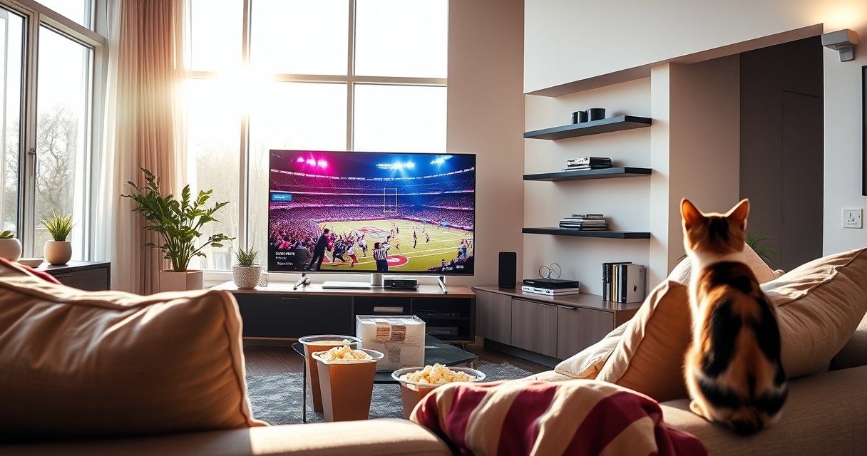 A modern living room with a sleek smart TV displaying vibrant live sports, a cozy couch with popcorn and drinks, sunlight streaming through large windows, and a curious cat perched nearby, all set against a backdrop of stylish decor and soft, warm colors, inviting viewers to explore the world of recording live television.