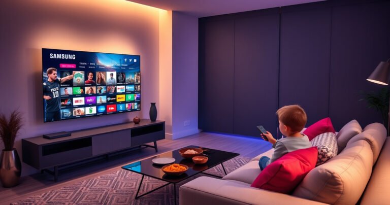 A sleek modern living room with a large Samsung TV displaying vibrant streaming content, a cozy sofa adorned with colorful cushions, a coffee table with snacks, and a curious viewer poised with a remote, surrounded by soft ambient lighting, evoking a sense of excitement and exploration in the world of entertainment.