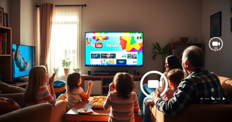 A vibrant living room scene featuring a family gathered around a large TV, excitedly watching a colorful YouTube interface on screen. The room is cozy, with snacks on the table, and a visible recording icon glowing in the corner. Sunlight filters through the window, casting soft shadows, creating an inviting atmosphere of entertainment and connection.