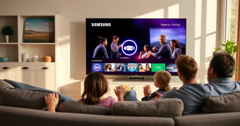A cozy living room scene featuring a sleek Samsung TV displaying vibrant streaming content. A family of four sits on a plush sofa, captivated by a thrilling show, popcorn in hand. Sunlight filters through the window, casting warm tones, while a digital recording icon subtly glows on the screen, hinting at the article's theme.