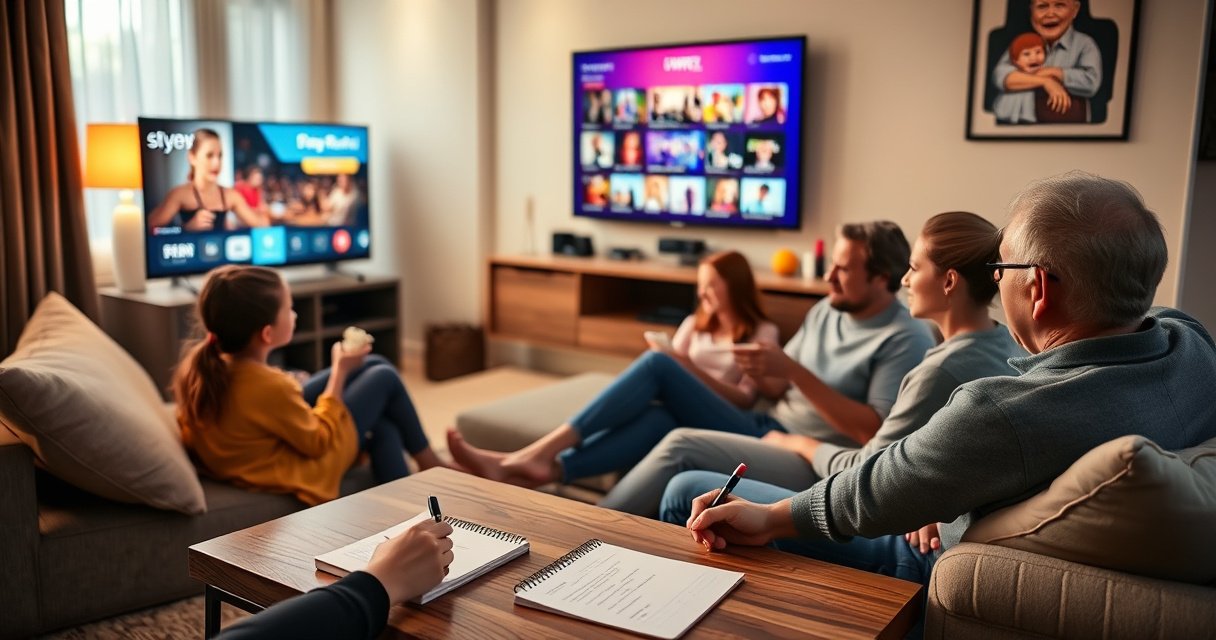 A cozy living room with a sleek smart TV displaying a vibrant streaming interface, a family gathered on a plush sofa, popcorn in hand, with a notepad and pen on a coffee table, capturing notes about their favorite shows, warm lighting creating an inviting atmosphere, showcasing the intersection of technology and family entertainment.