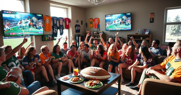 A vibrant living room filled with excited fans, colorful jerseys adorning the walls, large screens displaying NFL games. Snacks scattered on the coffee table, a football-shaped cake, and friends cheering together. Bright sunlight streaming through windows, creating a lively atmosphere of camaraderie and anticipation, capturing the essence of an exhilarating NFL Sunday experience.