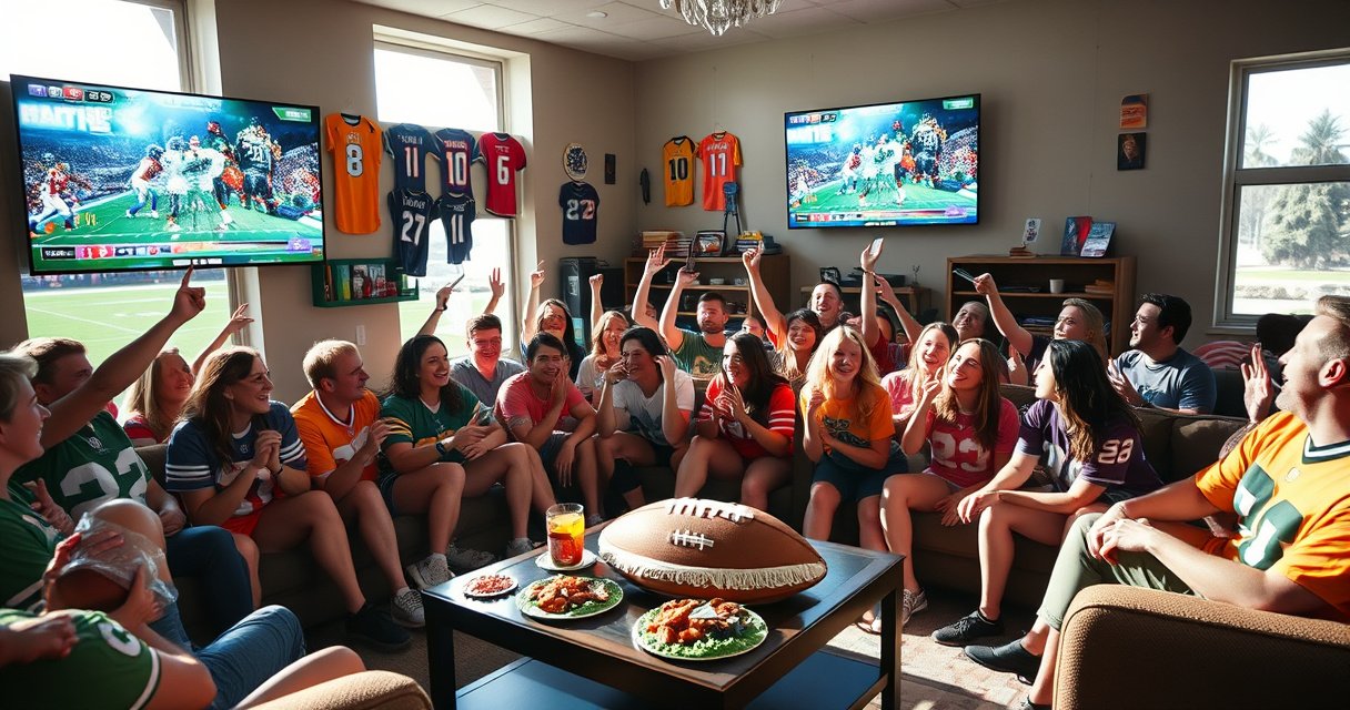 A vibrant living room filled with excited fans, colorful jerseys adorning the walls, large screens displaying NFL games. Snacks scattered on the coffee table, a football-shaped cake, and friends cheering together. Bright sunlight streaming through windows, creating a lively atmosphere of camaraderie and anticipation, capturing the essence of an exhilarating NFL Sunday experience.