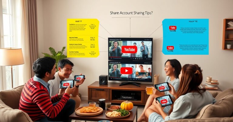 A cozy living room scene featuring a family gathered around a large TV, with multiple devices displaying YouTube TV. Lively expressions of excitement and curiosity on their faces, surrounded by snacks and drinks, while colorful charts on the wall illustrate account sharing tips, creating a warm, inviting atmosphere that sparks conversation about sharing entertainment.