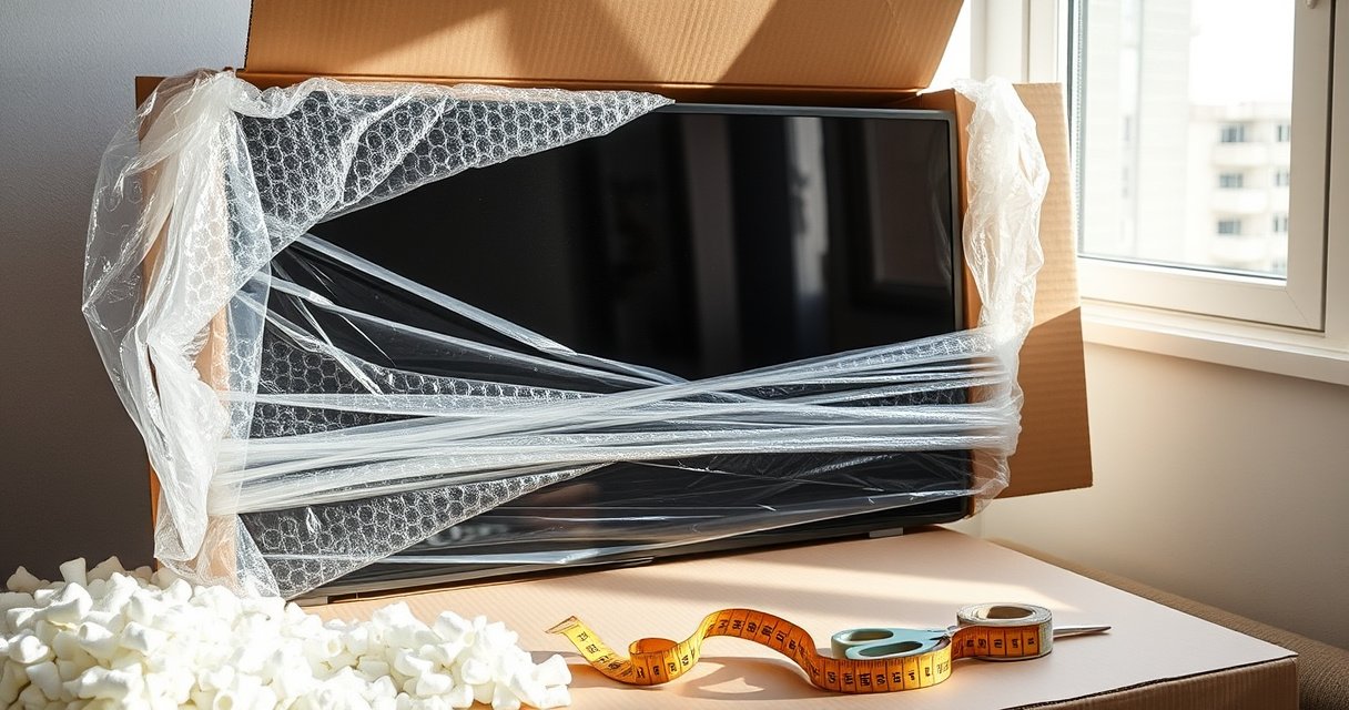 A large, flat-screen TV carefully wrapped in protective bubble wrap, resting inside a sturdy, cardboard shipping box. Surrounding the box are packing peanuts and tools like tape and scissors, with a measuring tape coiled nearby. Soft natural light filters through a nearby window, casting gentle shadows, emphasizing the importance of safe shipping practices.