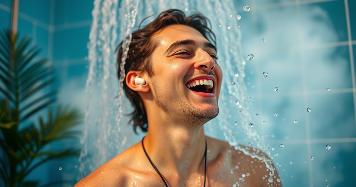 A vibrant bathroom scene featuring a person joyfully showering with colorful water splashes, wearing sleek Raycon Everyday Earbuds. Steam rises around them, reflecting playful light, while a tropical plant adds a touch of greenery. Water droplets sparkle in the air, capturing the carefree spirit of music merging with daily routines, evoking a sense of fun and freedom.