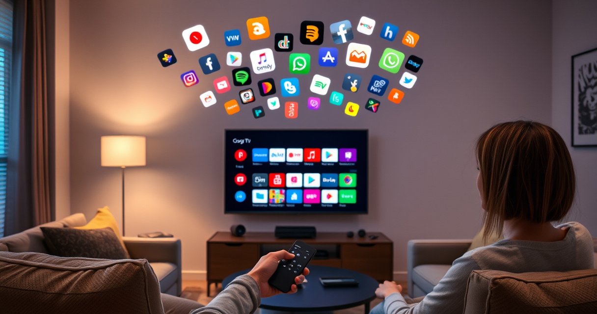 A modern living room with a sleek Google TV displaying vibrant app icons, surrounded by cozy furniture. A person holds a remote, looking intrigued, while a colorful array of popular app logos floats above. Soft ambient lighting casts a warm glow, creating an inviting atmosphere that hints at the excitement of exploring new apps.