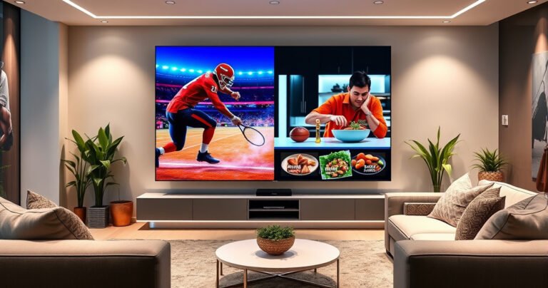 A sleek modern living room featuring a large Samsung TV displaying a split screen of vibrant content. One side shows a thrilling sports game, while the other displays a cooking show. Cozy furniture surrounds the TV, with soft lighting and houseplants adding warmth, inviting viewers into the smart technology experience.