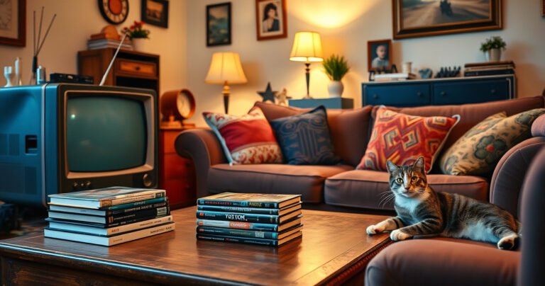 A cozy living room featuring a classic non-smart TV with dials and antennas, surrounded by vintage decor. A plush sofa with colorful throw pillows, a stack of retro DVDs on a wooden coffee table, and soft ambient lighting create a warm atmosphere, while a curious cat lounges nearby, adding charm to the scene.