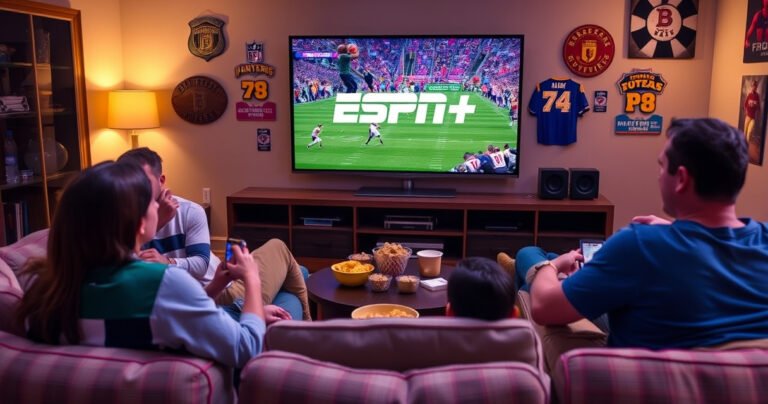 A cozy living room scene with a large flat-screen TV displaying the ESPN+ logo, surrounded by comfy couches and snacks. A family gathers, engrossed in an exciting sports game, with colorful team jerseys and vibrant team memorabilia adorning the walls. Soft lighting enhances the relaxed atmosphere, inviting viewers to join the fun of streaming sports at home.