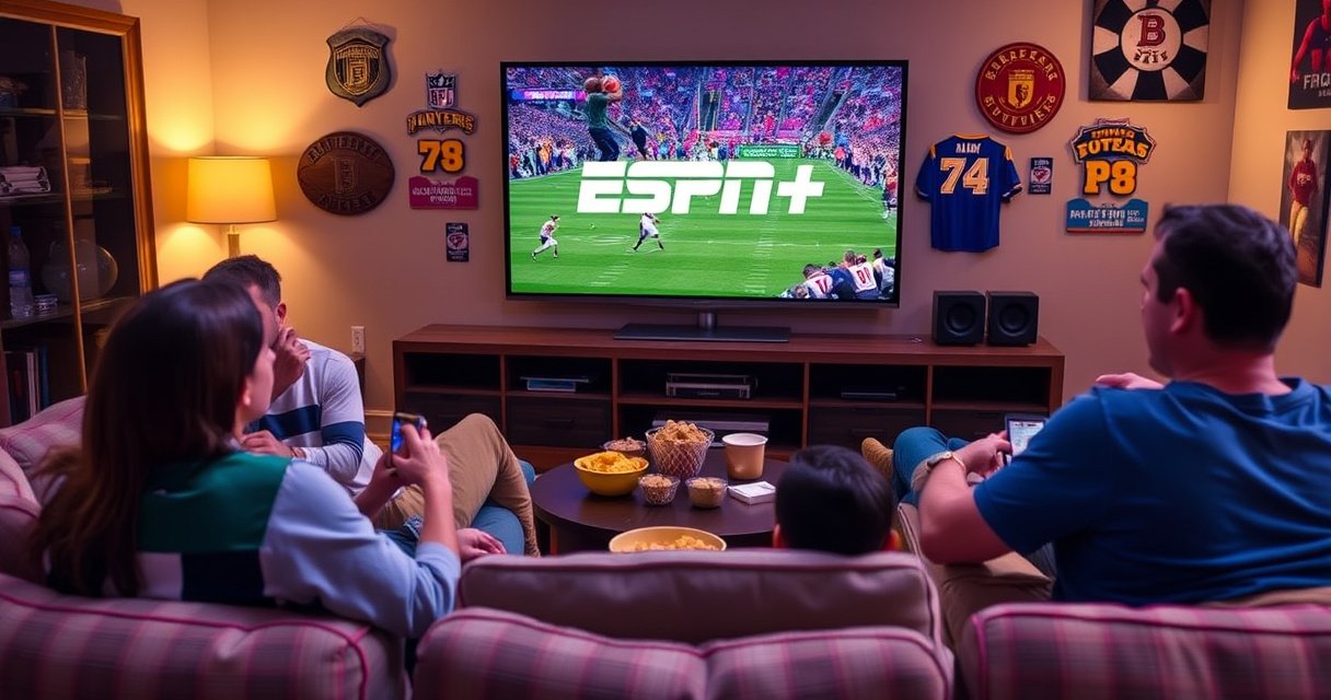 A cozy living room scene with a large flat-screen TV displaying the ESPN+ logo, surrounded by comfy couches and snacks. A family gathers, engrossed in an exciting sports game, with colorful team jerseys and vibrant team memorabilia adorning the walls. Soft lighting enhances the relaxed atmosphere, inviting viewers to join the fun of streaming sports at home.