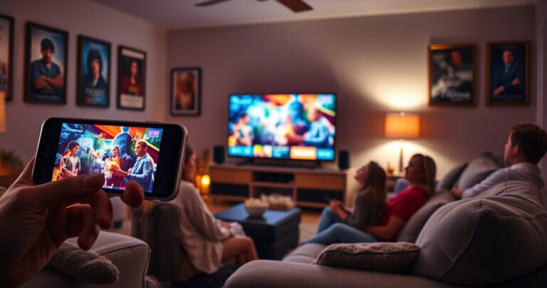 A cozy living room scene featuring a smartphone casting vibrant Peacock streaming content onto a large television screen. The TV displays a colorful scene from a popular show, while a family gathers on a plush sofa, popcorn in hand, illuminated by soft ambient lighting. The walls are adorned with framed movie posters, creating a warm entertainment atmosphere.