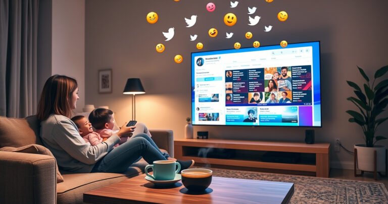 A cozy living room scene featuring a large smart TV displaying a vibrant Twitter feed, with animated tweets and colorful emojis floating above. A family sits on a plush sofa, interacting with a remote, while a steaming cup of coffee rests on a stylish coffee table. Soft lighting creates a warm, inviting atmosphere, perfect for tech discussions.