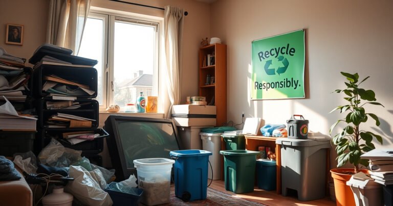 A cluttered living room with an old, broken television surrounded by recycling bins, a friendly neighborhood waste collector preparing to take it away, sunlight streaming through a window, highlighting a vibrant "Recycle Responsibly" poster on the wall, and a plant in the corner symbolizing renewal and eco-friendly practices.