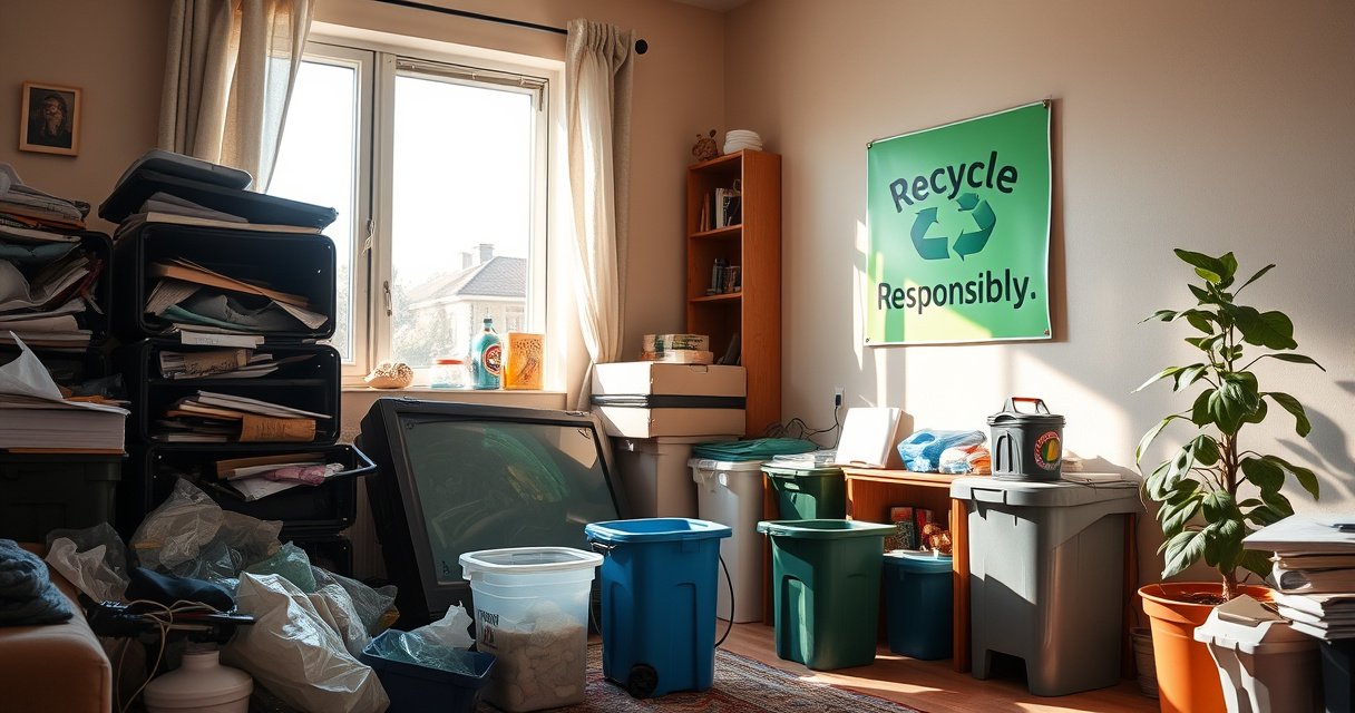 A cluttered living room with an old, broken television surrounded by recycling bins, a friendly neighborhood waste collector preparing to take it away, sunlight streaming through a window, highlighting a vibrant "Recycle Responsibly" poster on the wall, and a plant in the corner symbolizing renewal and eco-friendly practices.