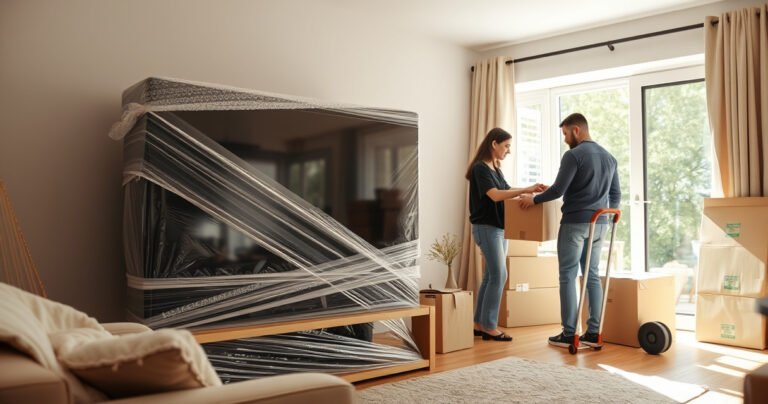 A carefully wrapped flat-screen TV in a cozy living room, surrounded by bubble wrap and soft blankets. Sunlight streams through a nearby window, illuminating a gentle, organized moving scene, with a sturdy dolly, cardboard boxes, and a friendly couple preparing for the transport, exuding a sense of care and safety in the process.