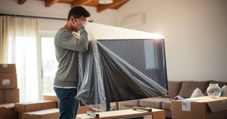 A person carefully wrapping a flat-screen TV in bubble wrap, surrounded by moving boxes and packing supplies, with a serene living room in the background. Soft sunlight filters through a window, casting warm light on the scene, emphasizing the importance of protection and care in transporting valuable electronics.