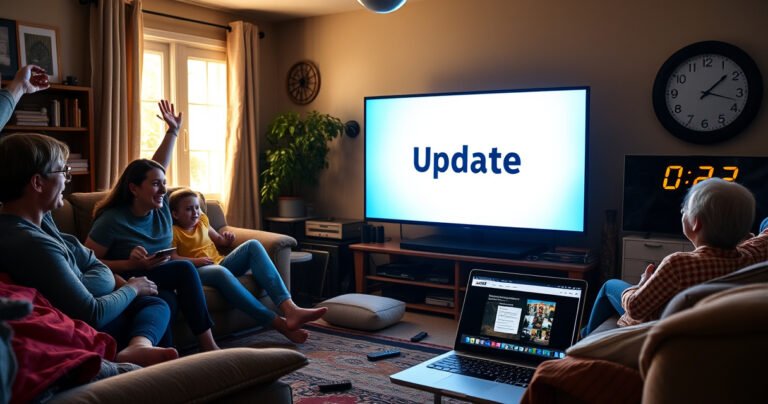 A cluttered living room with an outdated Vizio Smart TV displaying a bright update screen, surrounded by excited family members. Sunlight streams through a large window, illuminating a cozy sofa and scattered remote controls. A laptop sits nearby, showcasing the Vizio website, while a digital clock ticks in the background, symbolizing the passage of time and technology evolution.