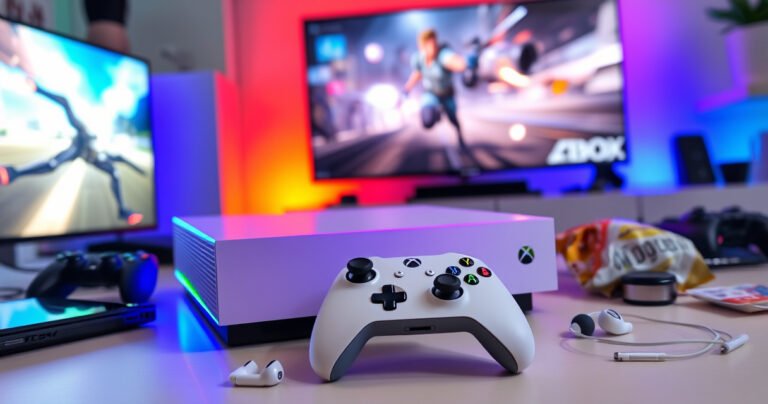 A sleek, modern gaming setup featuring an Xbox console illuminated by colorful LED lights, with Apple earbuds prominently displayed next to a controller. The background shows a vibrant gaming screen showcasing an action-packed scene, while scattered tech gadgets and snacks add a casual, inviting atmosphere, embodying the fusion of gaming and seamless audio experience.