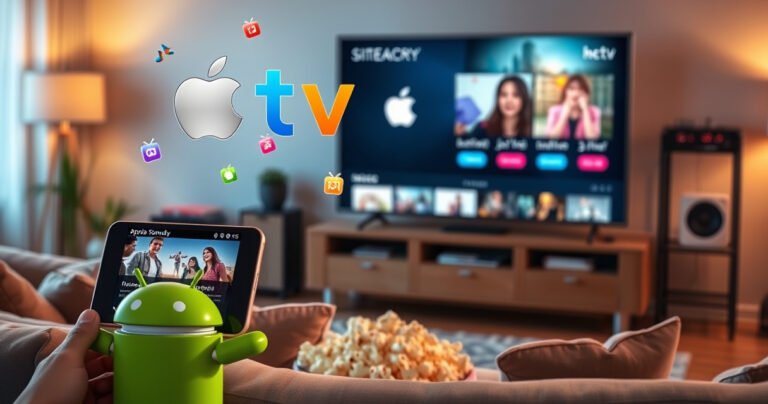 A vibrant living room scene showcasing an Android device casting Apple TV content onto a large HD television. Colorful streaming icons float in the air, blending the Apple and Android logos, while a cozy couch and popcorn bowl create an inviting atmosphere. The room is warmly lit, emphasizing a modern tech-savvy lifestyle.