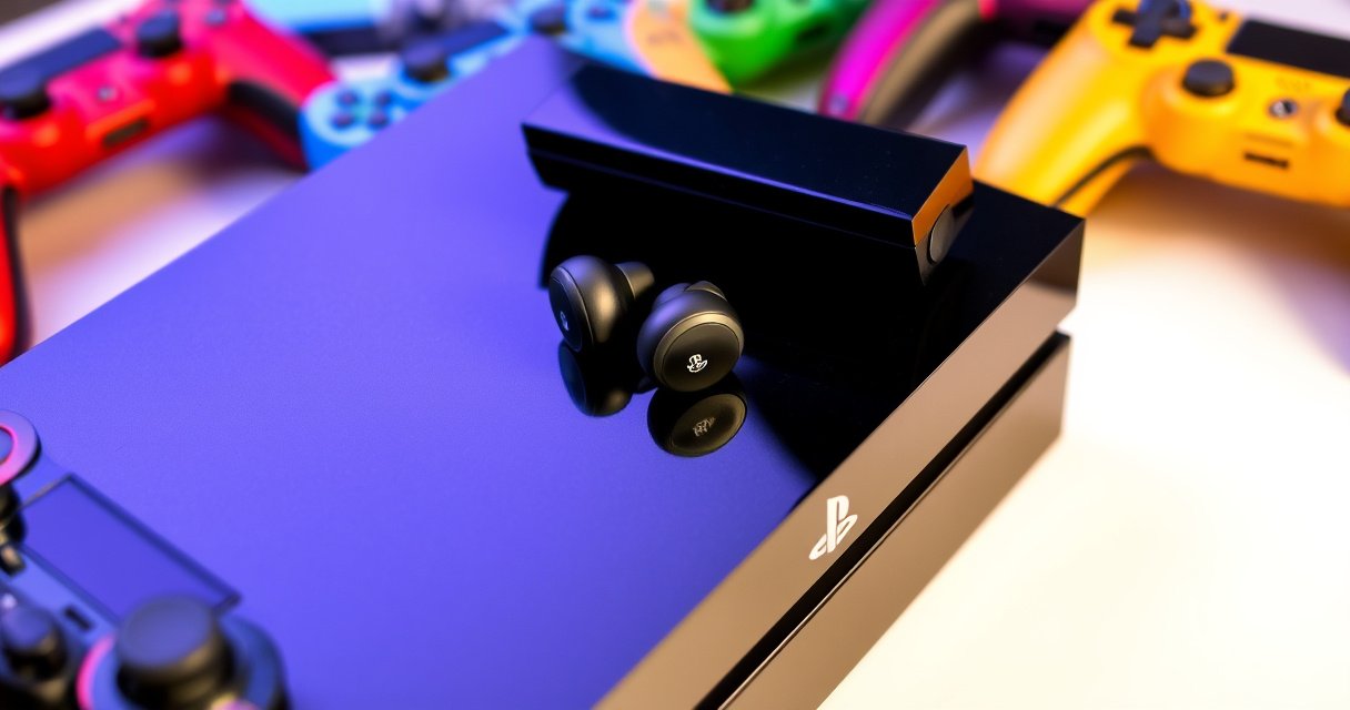 A sleek pair of modern Bluetooth earbuds resting on a glossy black PS4 console, surrounded by colorful game controllers and a vibrant gaming setup. Soft, ambient lighting highlights the earbuds, while a subtle hint of sound waves emanates from them, symbolizing connectivity and gaming immersion in a stylish, tech-savvy environment.