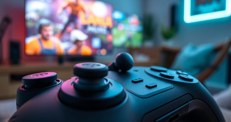 A close-up of sleek Bluetooth earbuds resting on a textured gaming controller, illuminated by a soft glow from a TV screen displaying vibrant game graphics. In the background, a cozy gaming setup with ambient LED lights and a comfortable chair, creating a modern, tech-savvy atmosphere that invites exploration and connectivity.