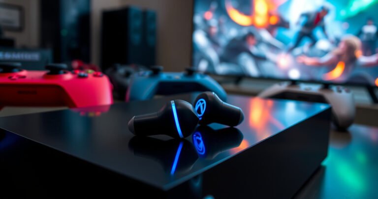 A close-up of sleek Bluetooth earbuds resting on a glossy Xbox Series X console, illuminated by soft blue LED lights. Surrounding them are vibrant game controllers and a dynamic gaming setup, with a blurred background of an intense gaming scene on a large screen, conveying a sense of modern gaming technology and connectivity.