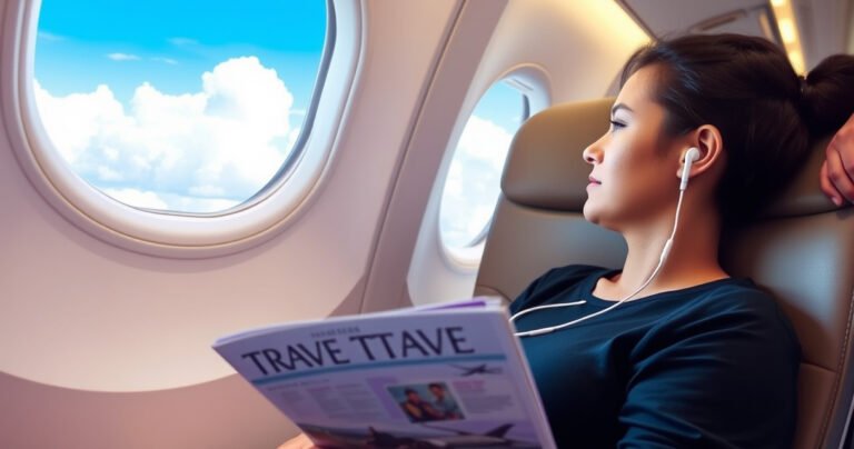 A serene airplane interior with a passenger comfortably seated, wearing sleek earbuds. Soft ambient lighting creates a calm atmosphere, while a flight attendant gestures in the background. An open travel magazine on the lap displays safety tips. Outside the window, fluffy white clouds drift against a bright blue sky, conveying a sense of peace and adventure.