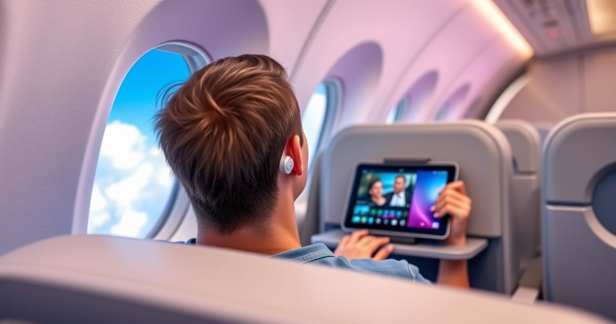 A serene airplane cabin with a passenger comfortably seated, wearing sleek wireless earbuds. Soft ambient lighting highlights the modern design, while a window reveals fluffy clouds and a bright blue sky outside. A small tray table holds a tablet displaying a movie, emphasizing relaxation and technology in travel. The atmosphere is calm and inviting.