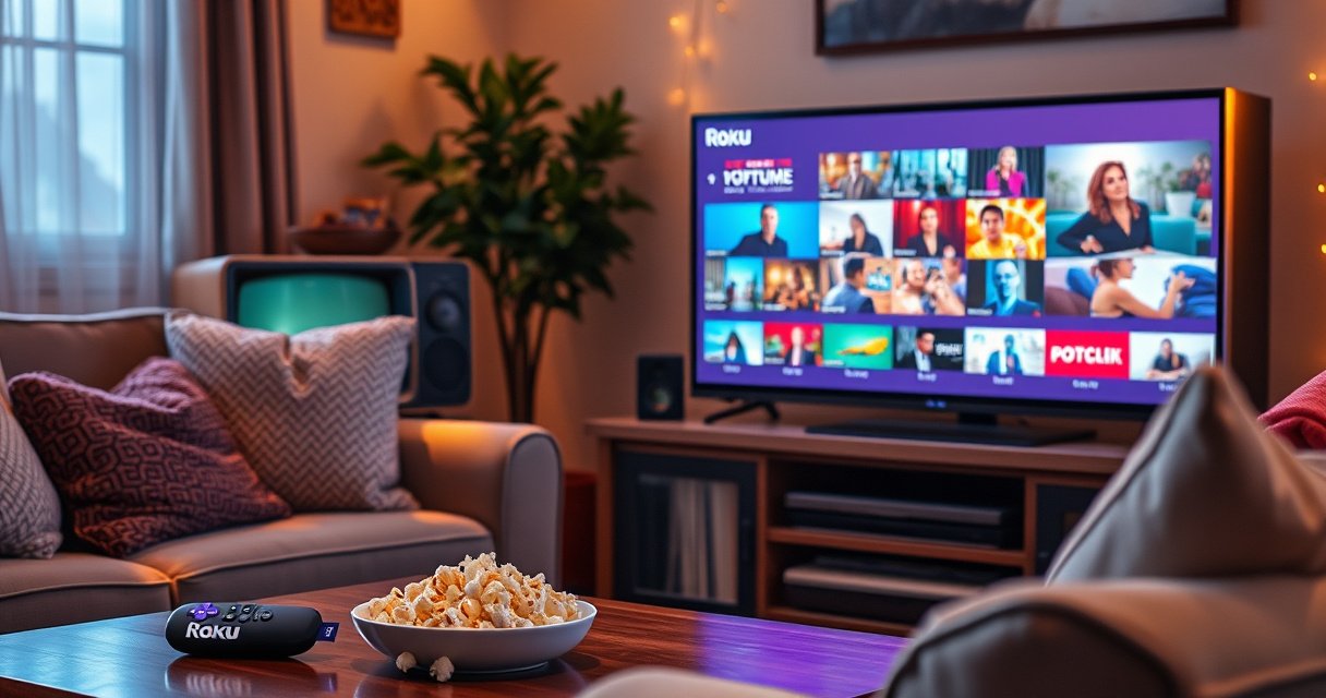 A cozy living room scene featuring a vintage TV with a colorful 4K Roku streaming device beside it, displaying vibrant images on the screen. Soft warm lighting enhances the contrasting old and new technology, while a plush sofa adorned with throw pillows invites relaxation. A coffee table holds popcorn and a remote, adding to the inviting atmosphere.