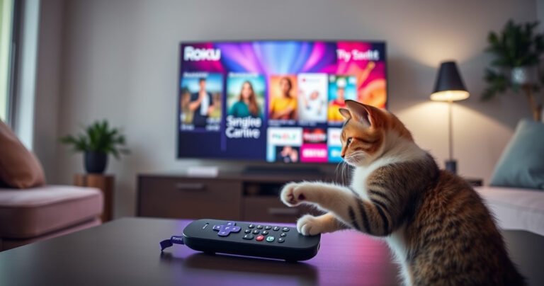 A sleek living room with a modern Roku TV displaying vibrant colorful content, a stylish universal remote resting on a coffee table, surrounded by a cozy atmosphere of soft lighting and plush cushions, while a curious cat paws at the remote, illustrating the theme of convenience and technology blending seamlessly in everyday life.