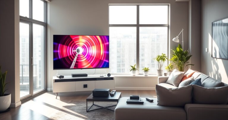A sleek modern living room featuring a vibrant smart TV displaying a colorful antenna signal graphic. Sunlight streams through large windows, illuminating a cozy couch adorned with tech gadgets and a stylish coffee table. In the background, an antenna sits on a windowsill, surrounded by houseplants, symbolizing the blend of traditional and modern technology.