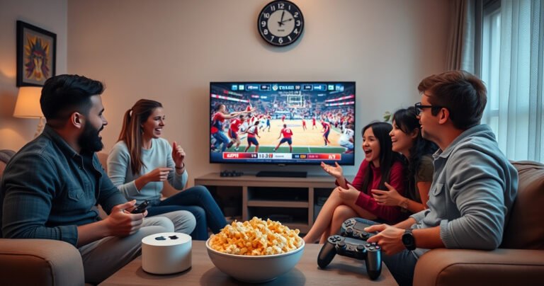 A cozy living room scene with a stylish Apple TV displaying an exciting sports game, surrounded by a bowl of popcorn, gaming controllers, and a family of diverse friends cheering enthusiastically. Soft lighting enhances the atmosphere, while a wall clock shows game time, capturing the thrill of watching ESPN together.