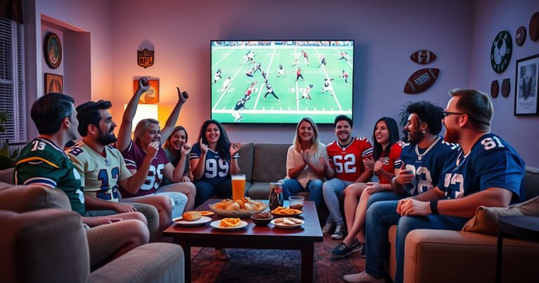 A vibrant living room scene with a large TV displaying an NFL game, surrounded by excited friends wearing team jerseys, snacks spread across a coffee table, and a cozy atmosphere illuminated by soft lighting, showcasing a mix of emotions as they cheer, with an inviting couch and a wall adorned with football memorabilia.