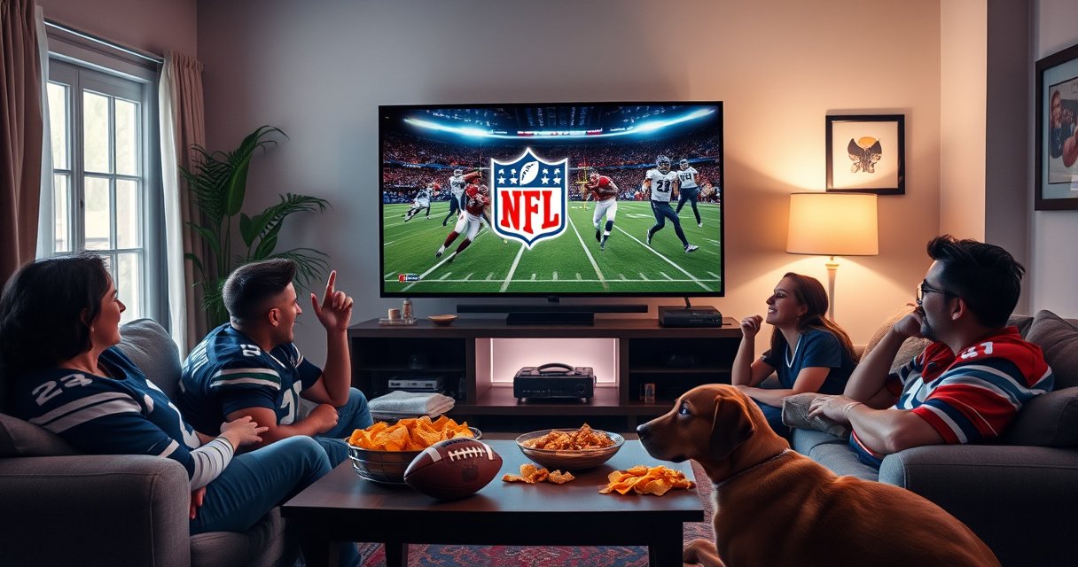 A cozy living room with a large flat-screen TV displaying an NFL+ logo, surrounded by snacks like popcorn and chips, a family of four excitedly watching a football game, jerseys on, vibrant team colors, soft lighting creating a warm atmosphere, a football on the coffee table, and a dog lounging nearby, embodying game day excitement.