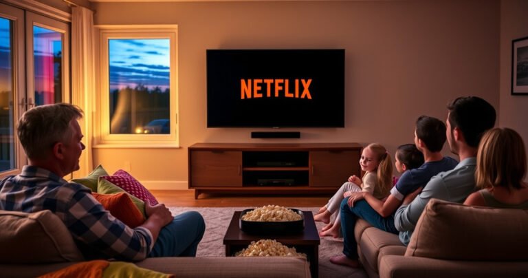 A cozy living room scene with a sleek Apple TV displaying the Netflix logo on a large screen. Soft, warm lighting illuminates a plush sofa with colorful cushions, a bowl of popcorn on the coffee table, and family members happily watching together. A window shows a twilight sky, enhancing the inviting atmosphere of movie night.