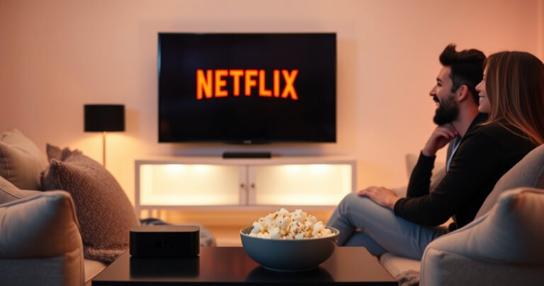 A cozy living room scene featuring a sleek Apple TV displaying the Netflix logo on a large screen. Soft, warm lighting illuminates a comfortable sofa adorned with plush cushions, while a bowl of popcorn sits on a stylish coffee table. A young couple is laughing and enjoying their favorite show, creating a welcoming atmosphere of entertainment and relaxation.