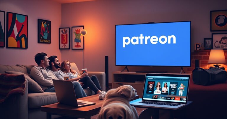 A cozy living room scene featuring a large TV displaying the Patreon logo, a family comfortably gathered on a couch with popcorn and drinks, warm lighting illuminating the space, and colorful art on the walls. A laptop sits on the coffee table, showing streaming options, while a playful dog rests at their feet.