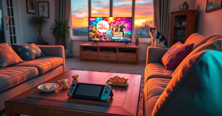 A cozy living room scene with a Nintendo Switch on a coffee table, glowing screen displaying a vibrant TV show, comfortable couch with colorful cushions, snacks scattered around, soft lighting casting a warm ambiance, a curious cat perched nearby, and a window showing a sunset sky, evoking a perfect evening of gaming and relaxation.