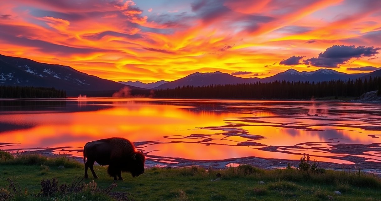 A majestic Yellowstone landscape at sunset, with vibrant orange and purple skies reflecting on a serene lake. In the foreground, a bison grazes peacefully near bubbling hot springs, while distant mountains loom under a blanket of fluffy clouds. A subtle hint of digital screens in the corners suggests modern streaming amidst the natural beauty.