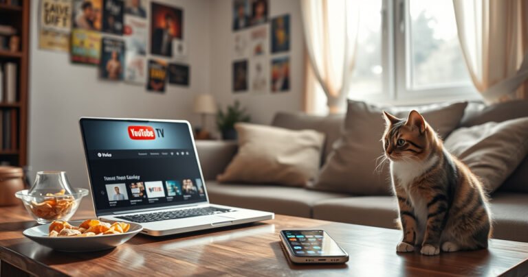 A cozy living room scene featuring a laptop streaming YouTube TV on a coffee table, surrounded by snacks and a comfortable sofa. Sunlight streams through a window, illuminating a wall filled with colorful posters. A curious cat watches intently, while a smartphone nearby displays app icons, showcasing alternative viewing options.