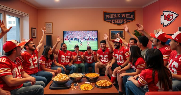 A vibrant living room scene filled with excited fans wearing Chiefs jerseys, gathered around a large screen displaying a thrilling football game. Snacks are spread across a coffee table, with popcorn and nachos, while a decorative team banner hangs on the wall, and the atmosphere is electric with cheers and laughter.