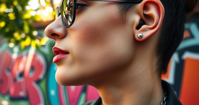 A close-up of a stylish person with a conch piercing, confidently wearing sleek wireless earbuds. The background features a vibrant urban setting, with colorful graffiti and soft sunlight filtering through leaves. The contrast of the piercing's gleam against the modern technology highlights individuality and fashion, capturing the essence of personal expression and contemporary style.
