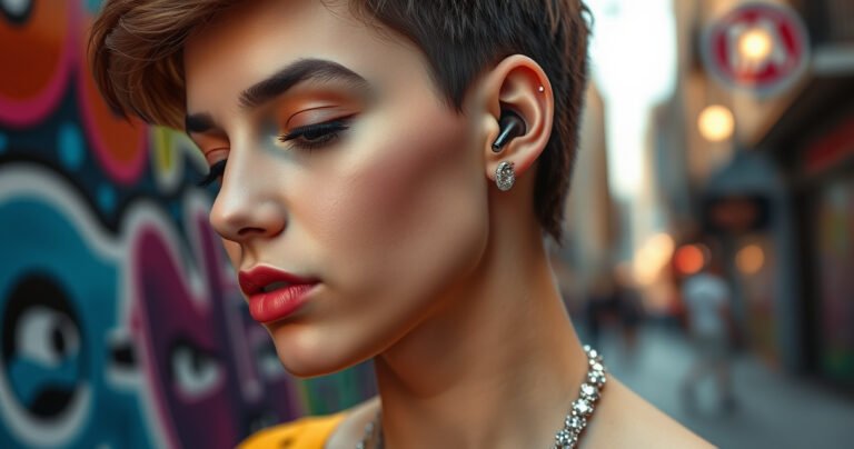 A close-up of a stylish young person with a tragus piercing, elegantly adorned with sparkling jewelry, wearing sleek wireless earbuds. The backdrop is a vibrant urban setting, showcasing colorful street art and soft bokeh lights. The subject looks contemplative, immersed in music, with a hint of sunlight illuminating their face, highlighting the unique combination of fashion and individuality.
