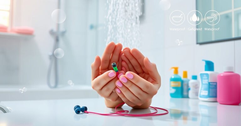 A bright bathroom scene with a modern shower, water cascading down, steam rising, and colorful earbuds resting on a sleek countertop. A pair of hands carefully holding a waterproof alternative, surrounded by vibrant bath products, with safety icons subtly illustrated in the background, conveying a sense of care and fun around showering and listening to music.