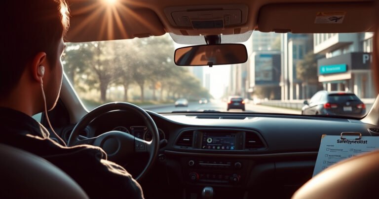 A serene view of a cozy car interior with a driver focused on the road, wearing a single earbud, sunlight filtering through trees, a safety checklist on the dashboard, and subtle hints of vibrant city life in the background, evoking a sense of balance between music and road awareness.