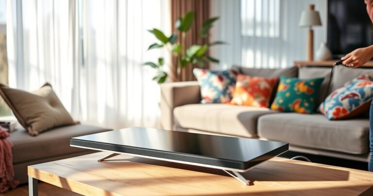 A sleek LED TV lies flat on a modern wooden table, surrounded by vibrant living room decor. Soft sunlight filters through sheer curtains, casting gentle shadows. Nearby, a person thoughtfully adjusts cables, showcasing a safe setup. A cozy sofa with colorful cushions and a plant in the background creates a welcoming atmosphere, emphasizing comfort and style.